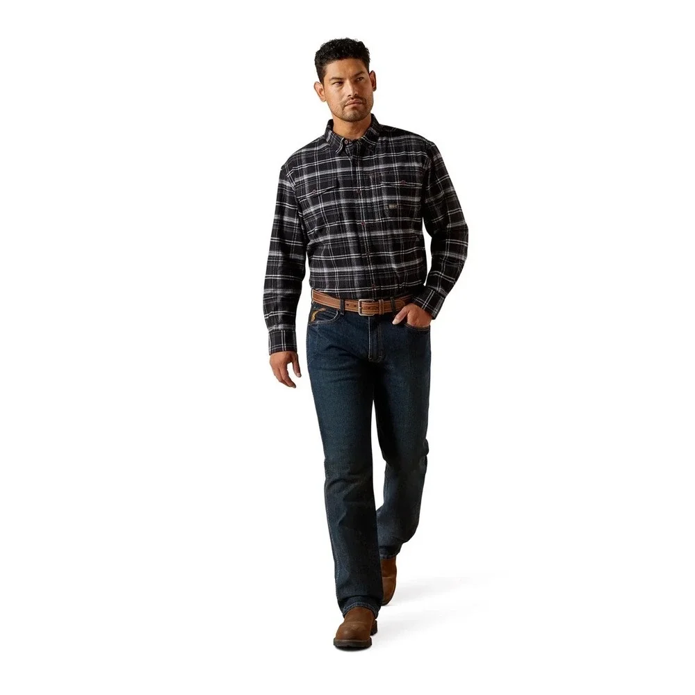 Ariat Men L Rebar Black Flannel DuraStretch Work Shirt Long Sleeve Button Up New